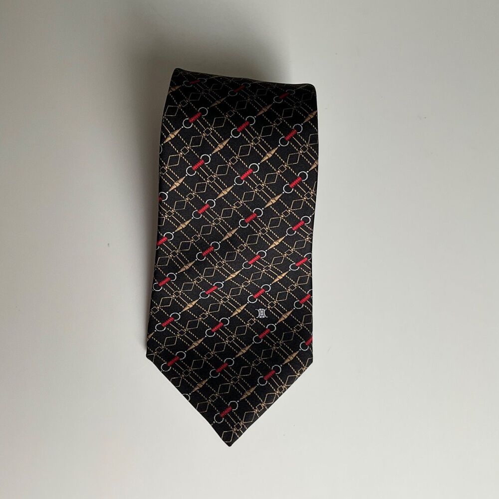 Vintage Celine Paris Silk Tie Black, Red & Gold Chain-Link Motif